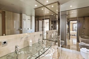 Bathtub, hair dryer, bidet, towels