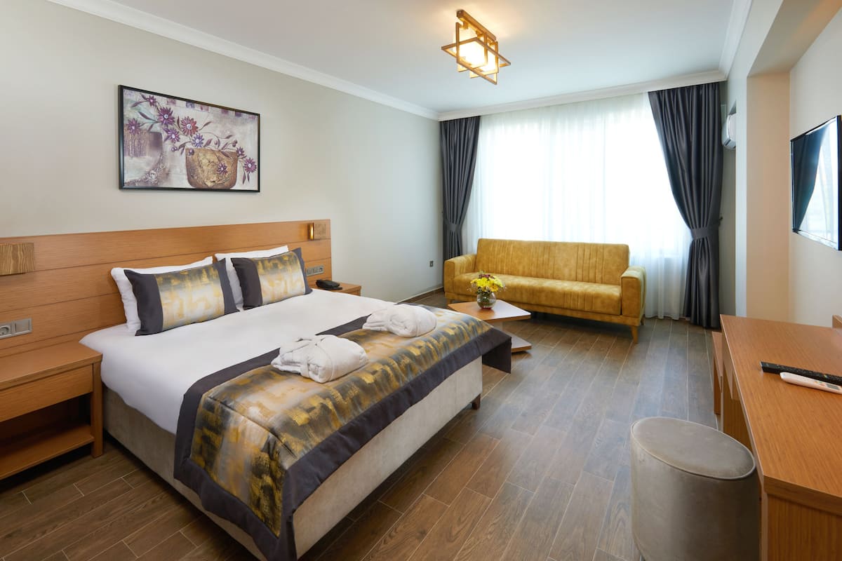 Une chambre d’hôtel avec un lit, un canapé, un bureau et un tableau au mur.