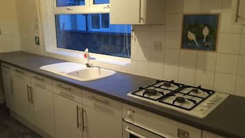 Lemari es besar, microwave, oven, dan kompor