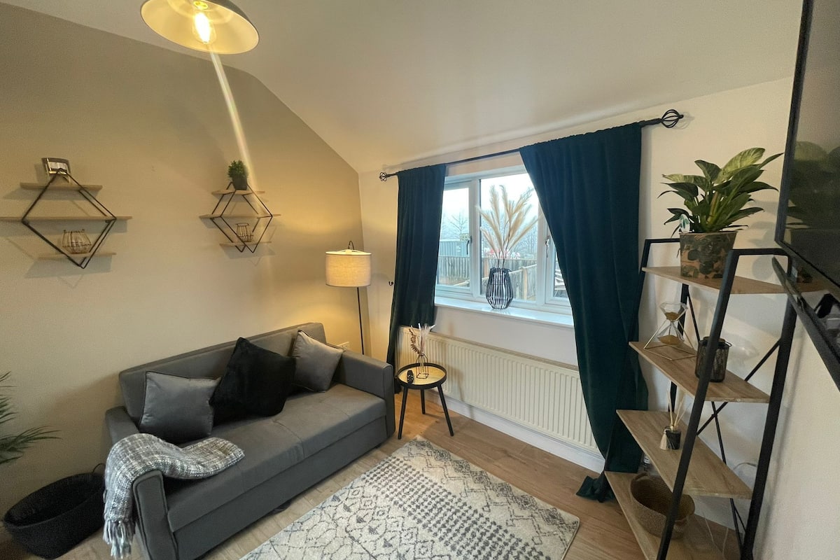 Een moderne woonkamer met een grijze bank, een kamerkleed met patroon en een raam met gordijnen.