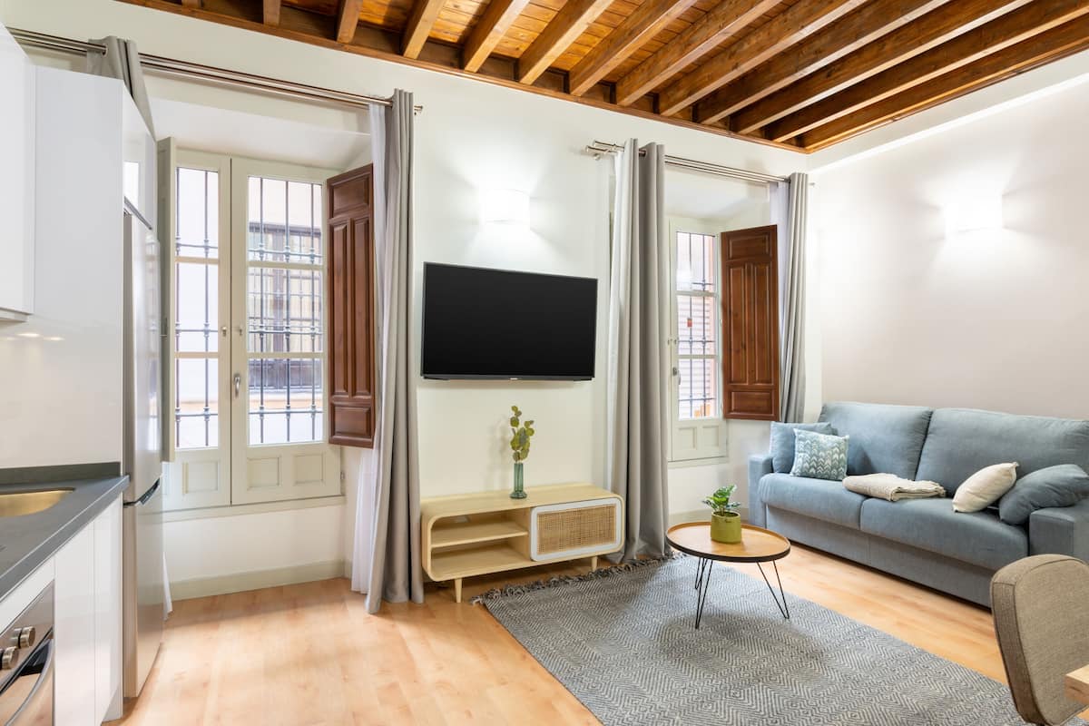 Una sala moderna con techo de madera, televisor de pantalla plana en la pared, sofá azul y una pequeña mesa de madera con una planta.