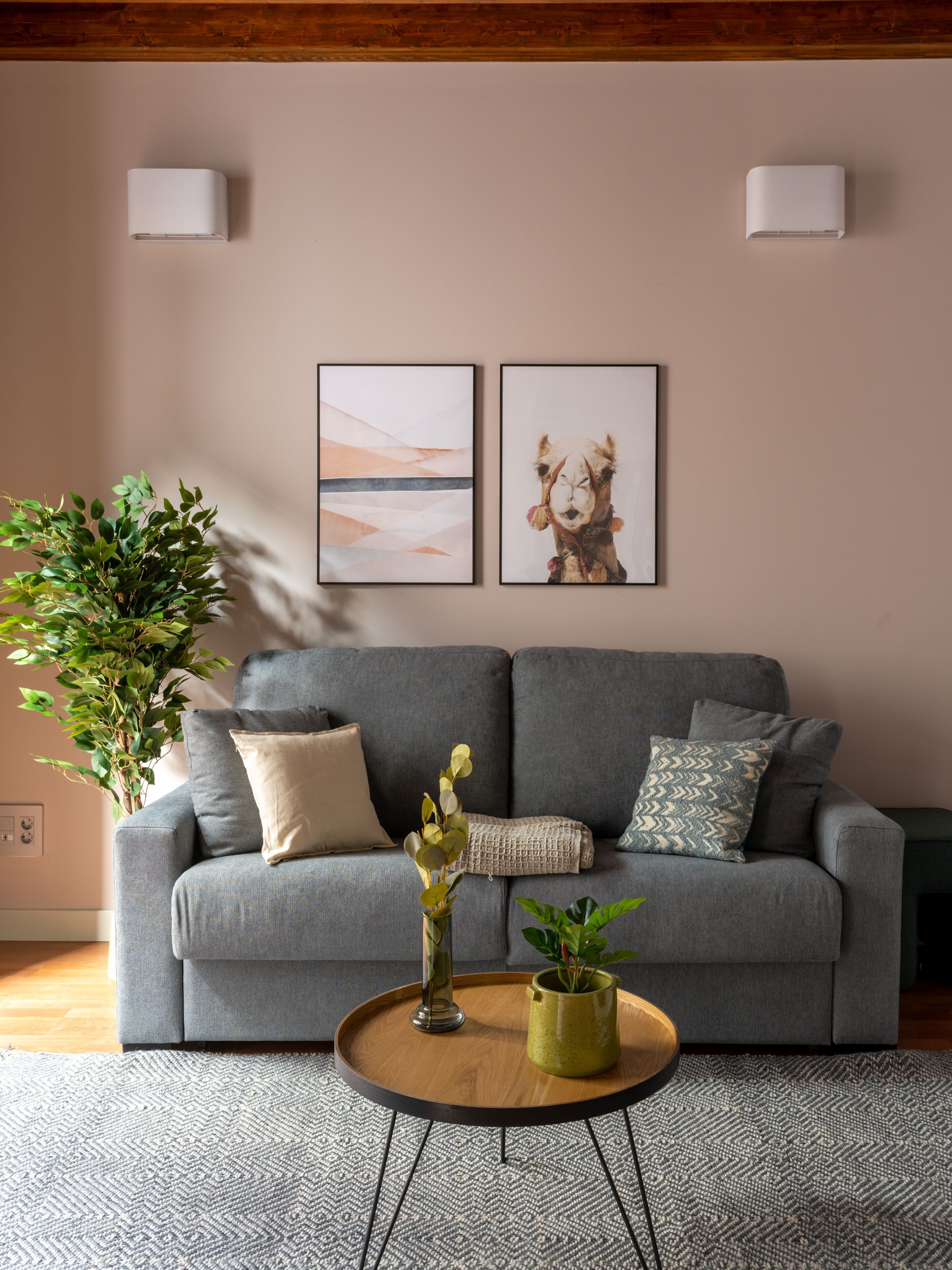 Ein Wohnzimmer mit grauem Sofa, zwei gerahmten Bildern, einer Zimmerpflanze und einem Couchtisch.