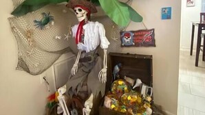 Una figura scheletrica con un cappello e una sciarpa rossa, accanto a una pianta grande e un forziere pieno di oggetti colorati.