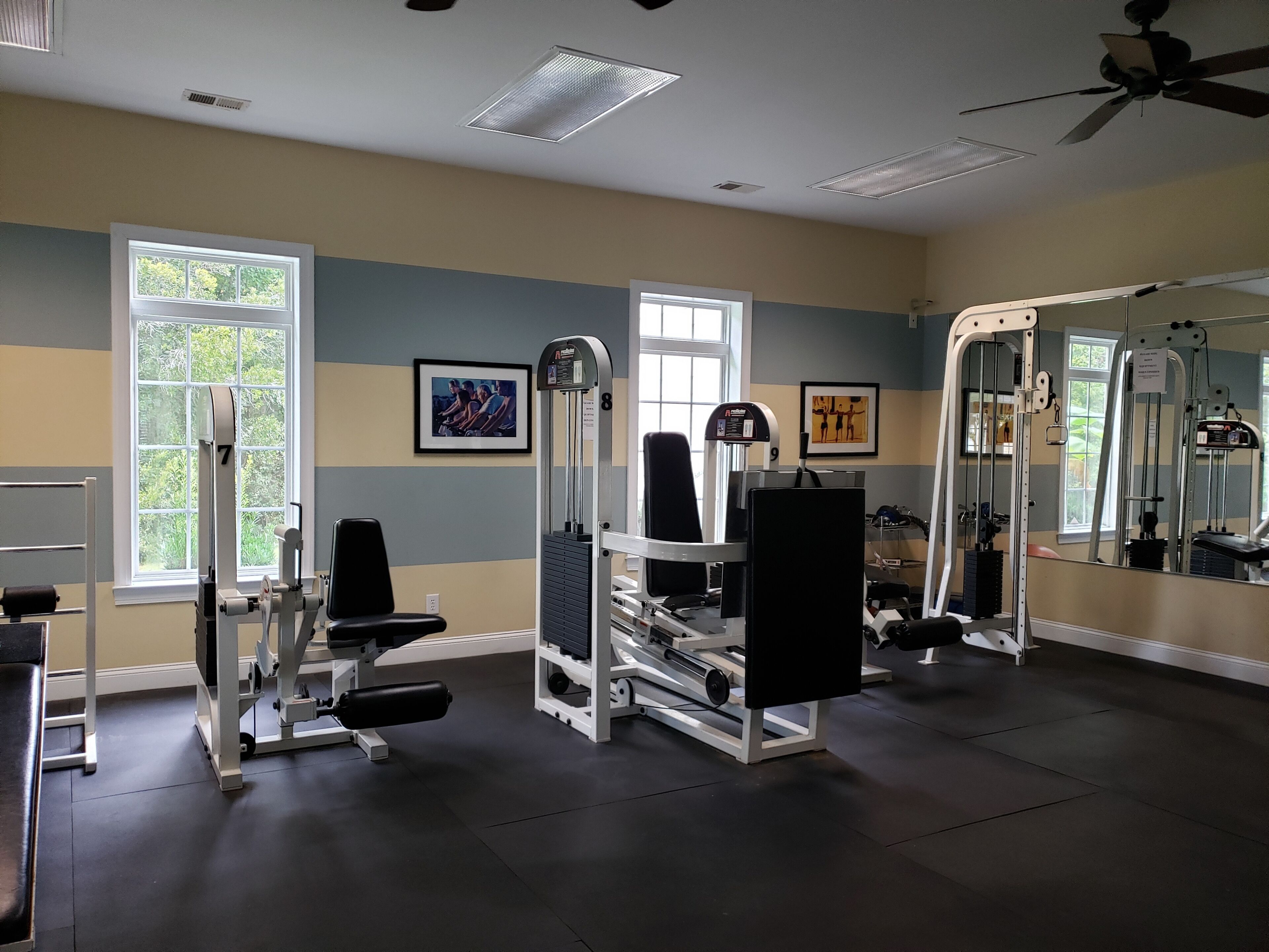 A gym with various exercise machines, large windows, and ceiling fans.