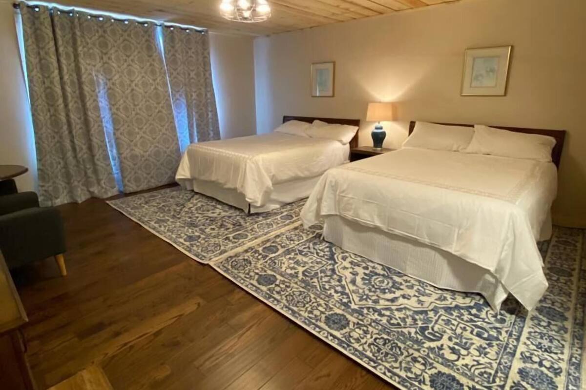 Un dormitorio con dos camas, techo de madera, alfombra estampada y una mesita de noche con lámpara.