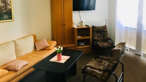 A living room with a sofa, a coffee table with a vase, a wooden cabinet, a television, and a chair. - Penzion JANY (Luhacovice)