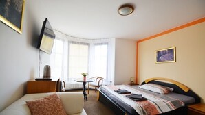 A hotel room with a bed, a sofa, a small table with a plant, a chair, and a television mounted on the wall. - Penzion JANY (Luhacovice)