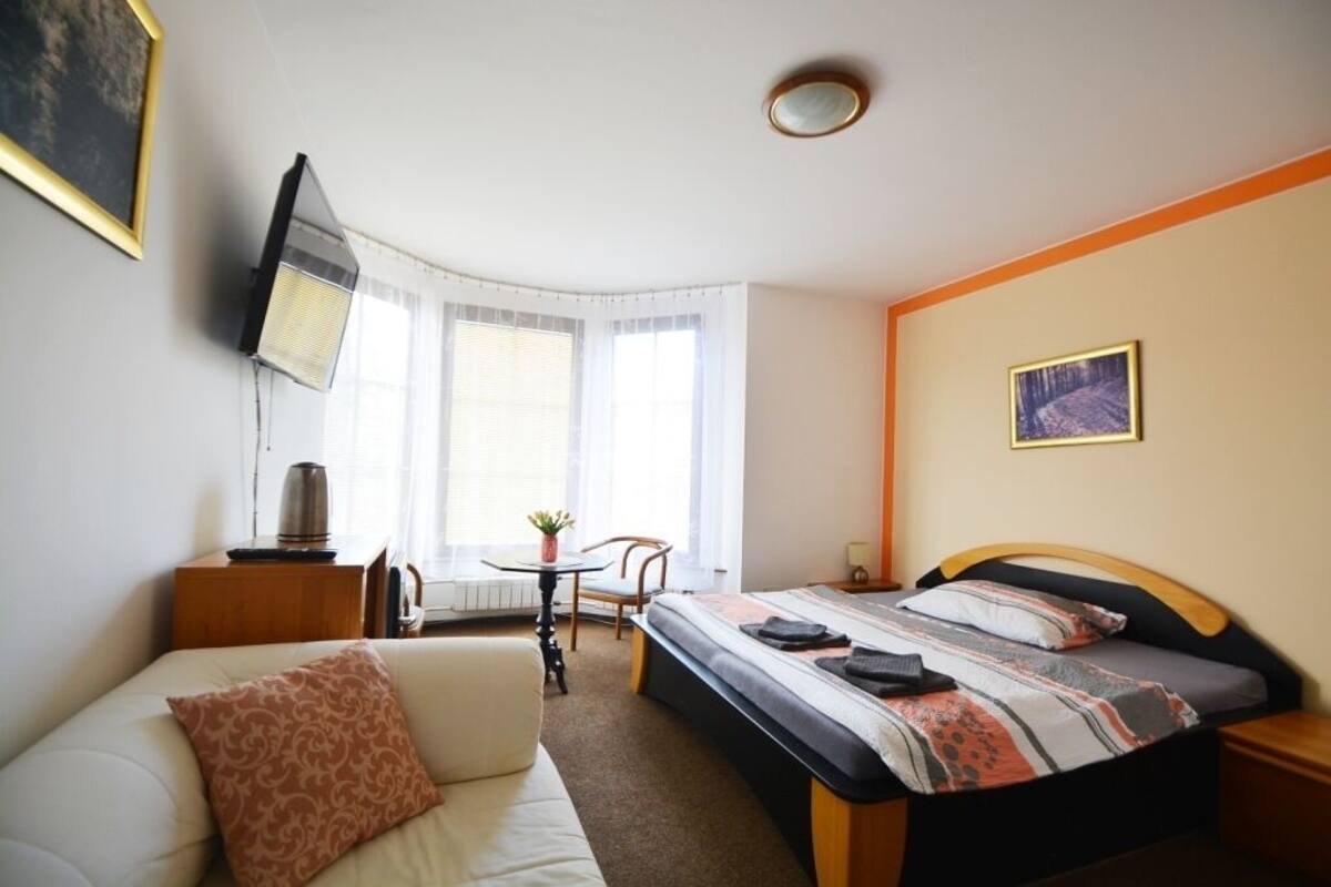 A hotel room with a bed, a sofa, a small table with a plant, a chair, and a television mounted on the wall.