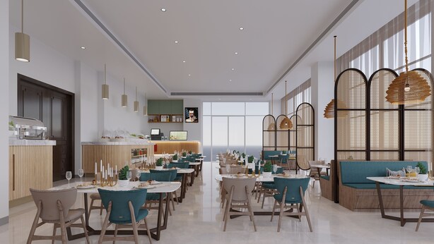 Un restaurante moderno con varias mesas y sillas, una zona de bar y amplios ventanales que dejan entrar luz natural.