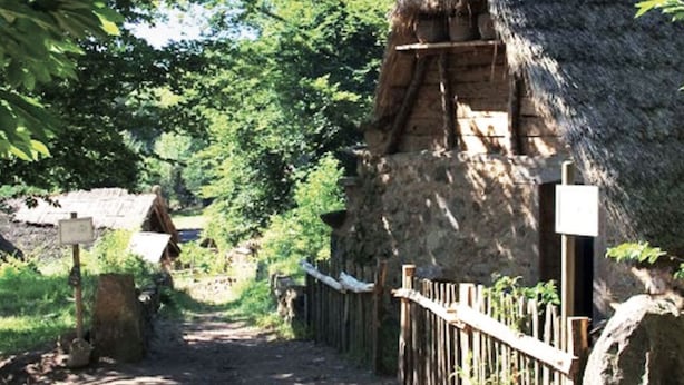 Un sentier rustique mène à une construction au toit de chaume, entourée de verdure.