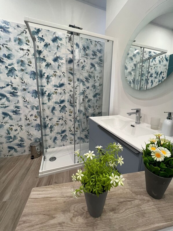 Shower, hair dryer, bidet, towels