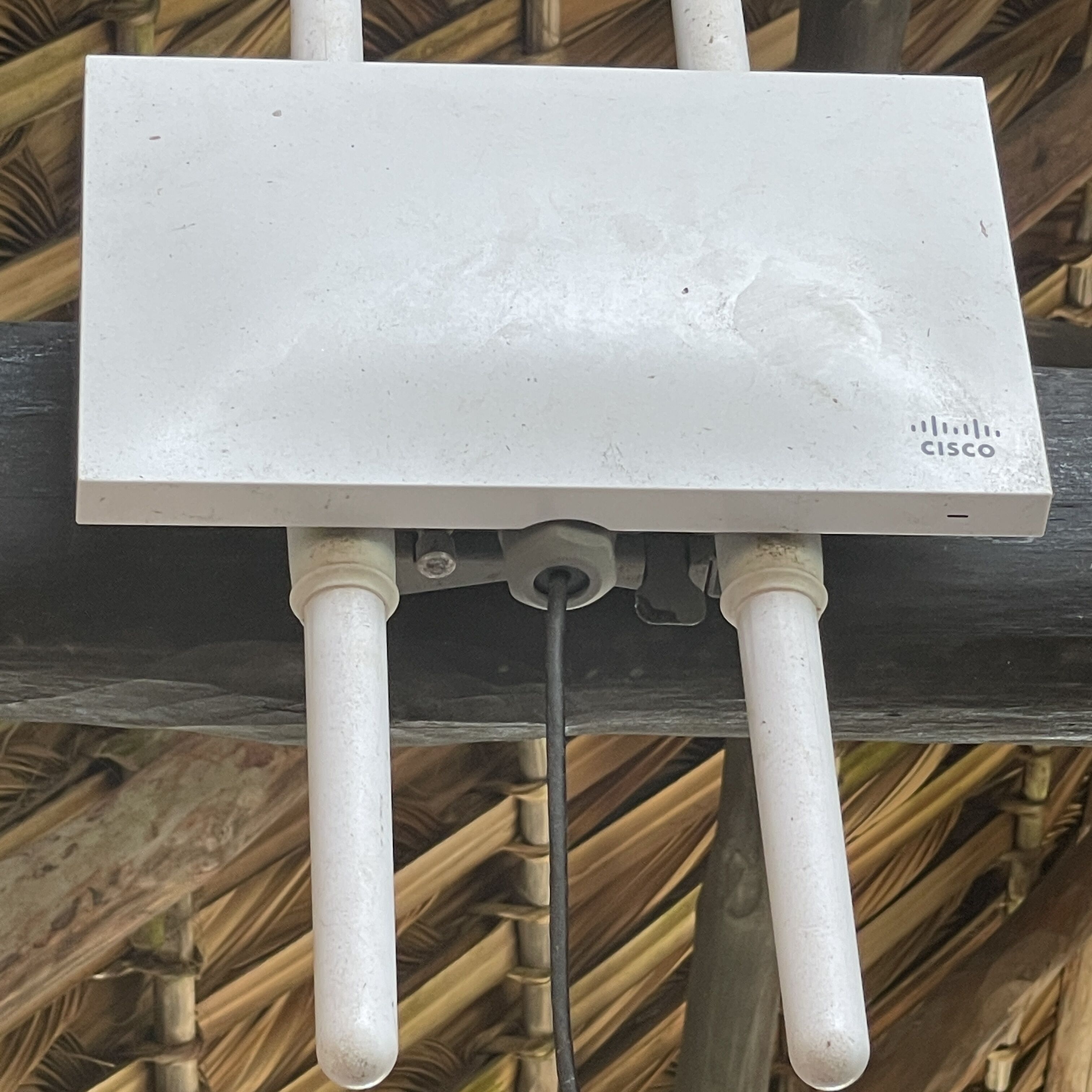 Un dispositivo Cisco blanco con tres conectores cilíndricos, montado sobre una superficie negra con fondo tejido.