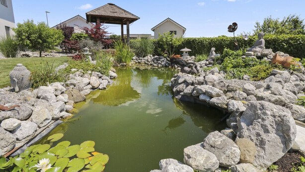 Un jardín con un estanque, rocas y un pabellón.
