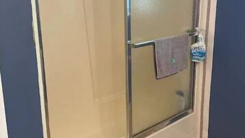 Combined shower/bathtub, hair dryer, towels, soap