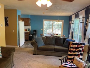 Smart TV, fireplace, DVD player, books