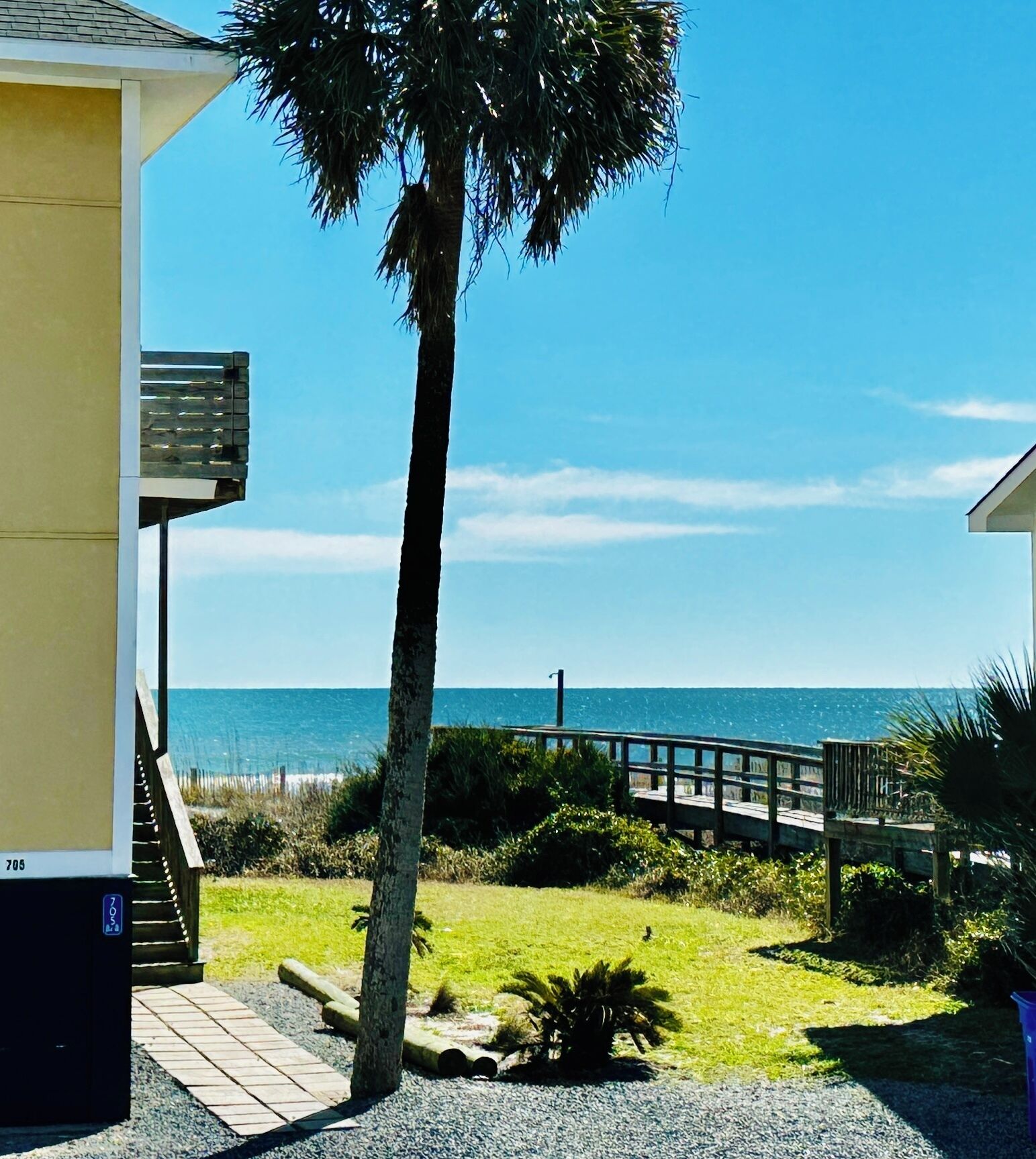 Une vue sur la plage avec un palmier, une terrasse en bois et un bâtiment.