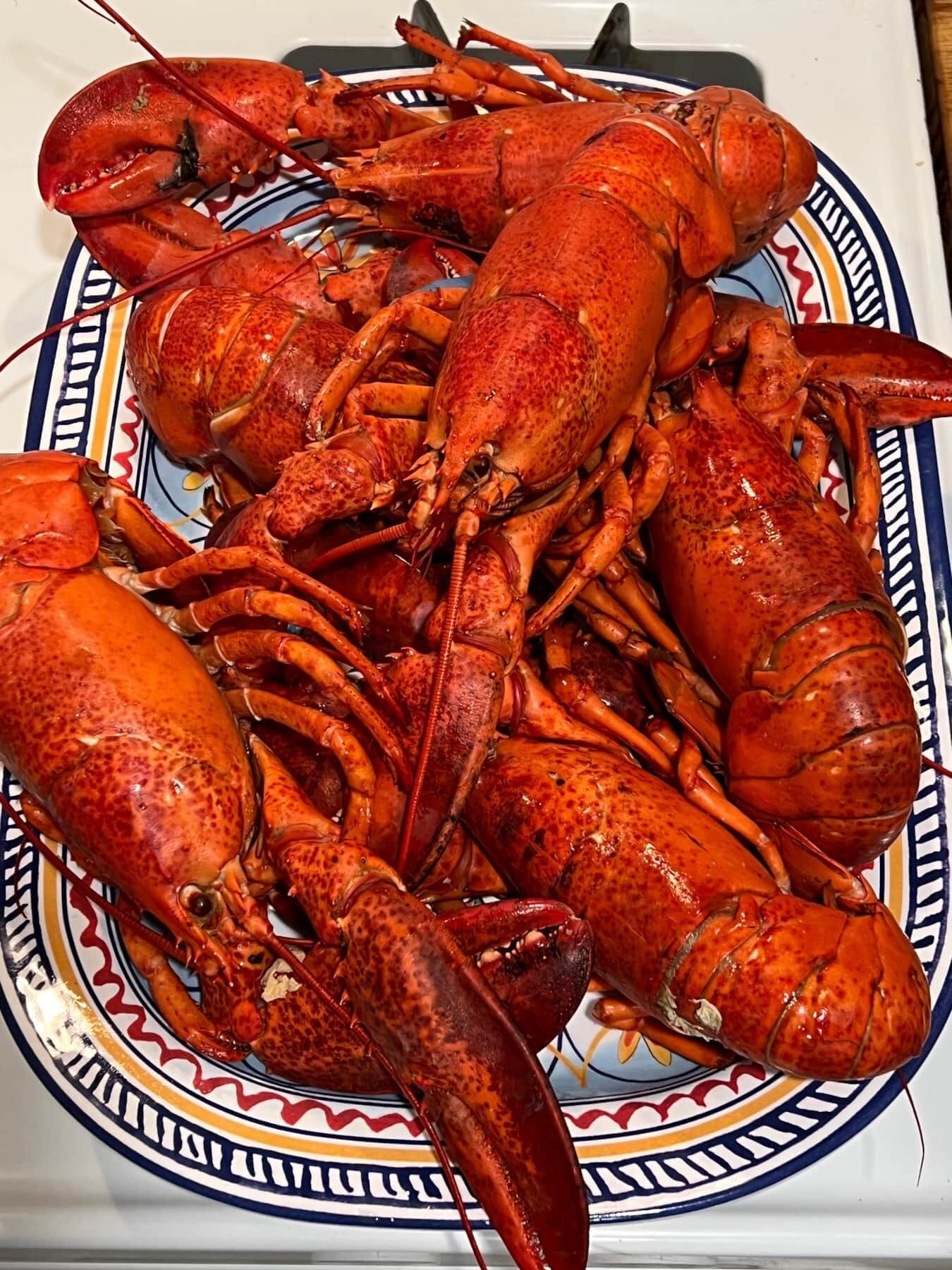 A plate of cooked lobsters.