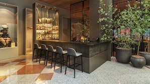 Zona de bar con mostrador, taburetes y una exhibición de botellas.