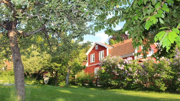 A red house with a white window trim, surrounded by lush green grass and trees. - Historic Villa in the heart of Gränna (Jönköpings län)