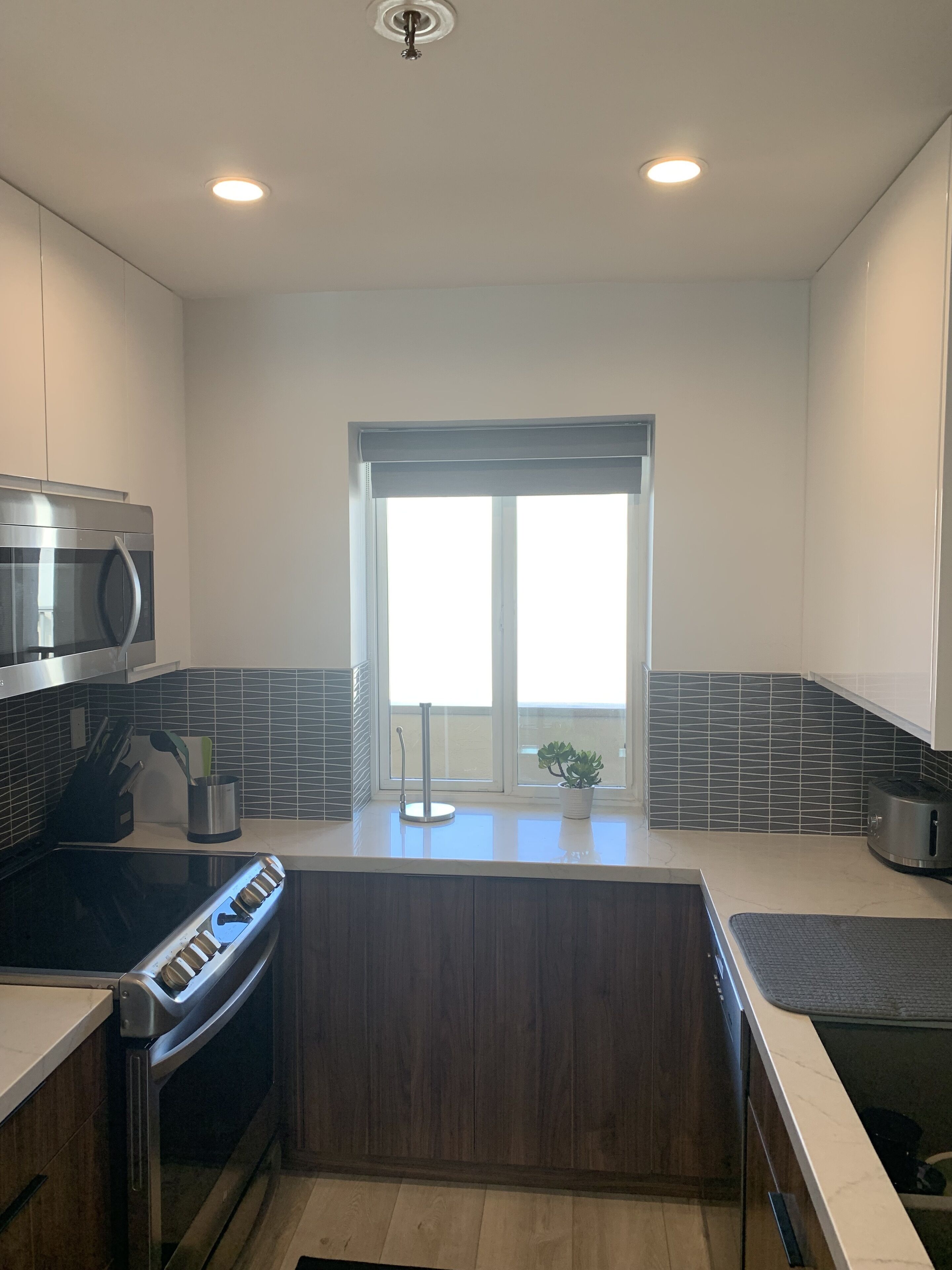 A modern kitchen with a built-in oven, microwave, and stainless steel appliances. There is a window with a view of the outside, and a potted plant on the counter.