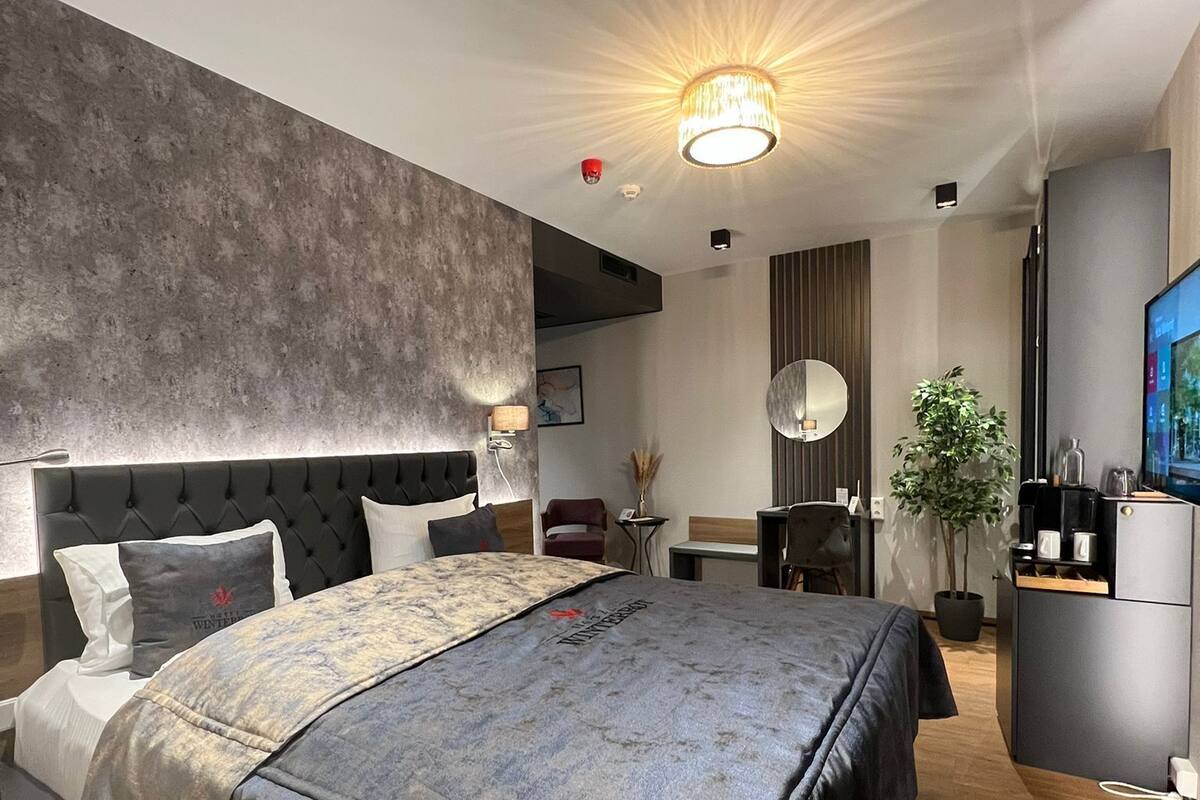 A modern hotel room with a large bed, a desk, a TV, and a plant.