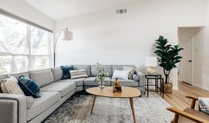 Smart-tv, eldstad och böcker