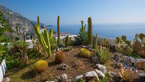 A desert garden with various cacti and succulents, overlooking a coastal area with buildings and a clear blue sky. - Villa Aurora in Praiano (Praiano)