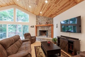 Televisión, chimenea, libros