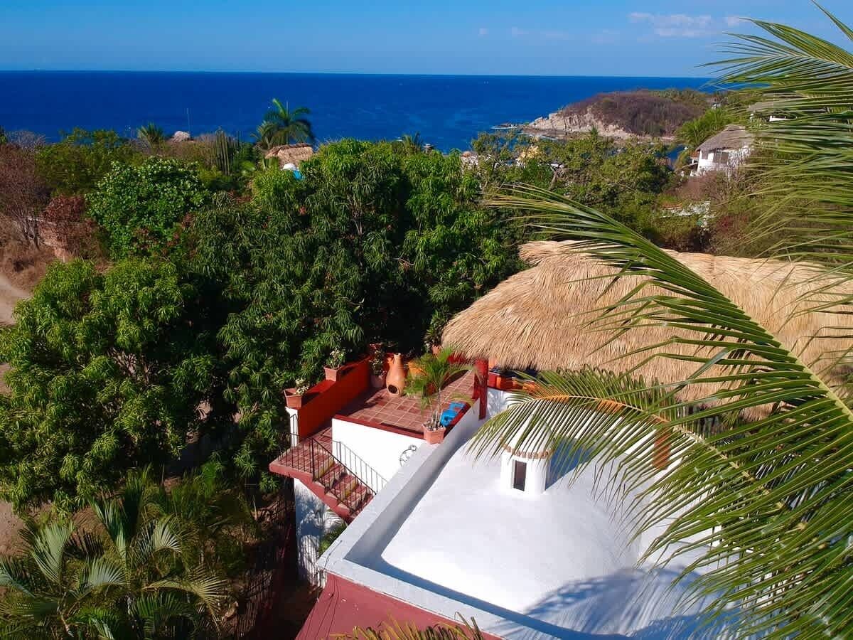 Tropical rooftop views with the ocean stretching out in the distance