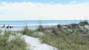 Ein Strand mit Dünen und blauem Himmel.
