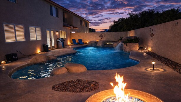A swimming pool with a fire pit and lounge chairs, surrounded by a landscaped area.