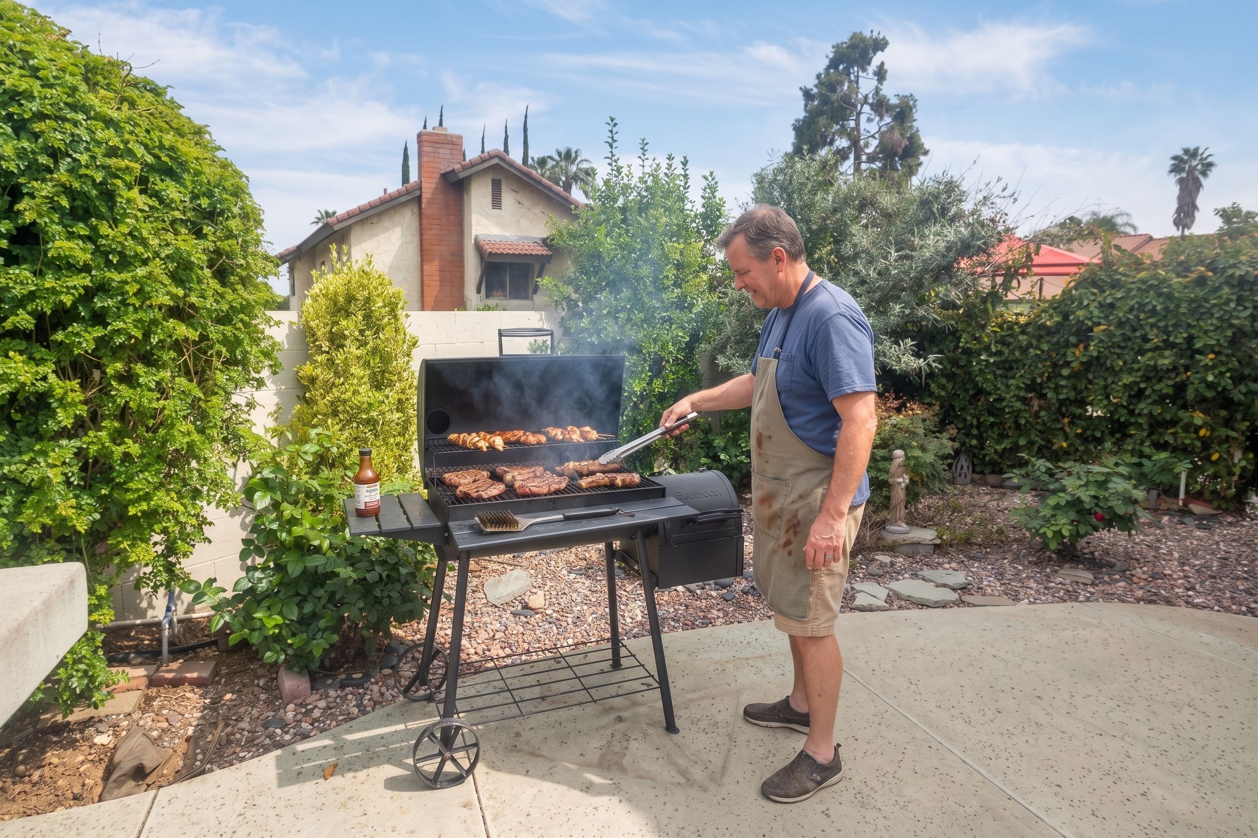 A man grilling food outdoors with a barbecue grill and a bottle of sauce.