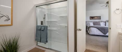 Une salle de bain moderne avec une douche à parois de verre, un porte-serviettes et une plante en pot.