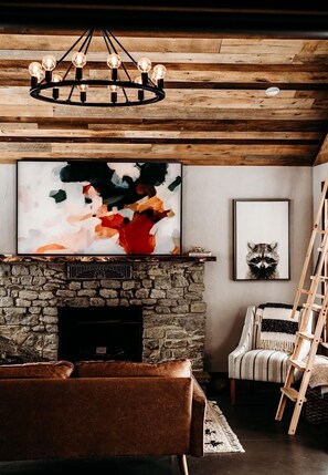 TV, fireplace, books, stereo