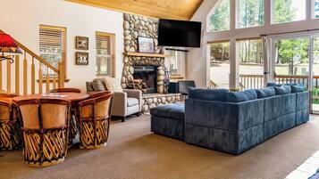 Smart TV, fireplace, foosball