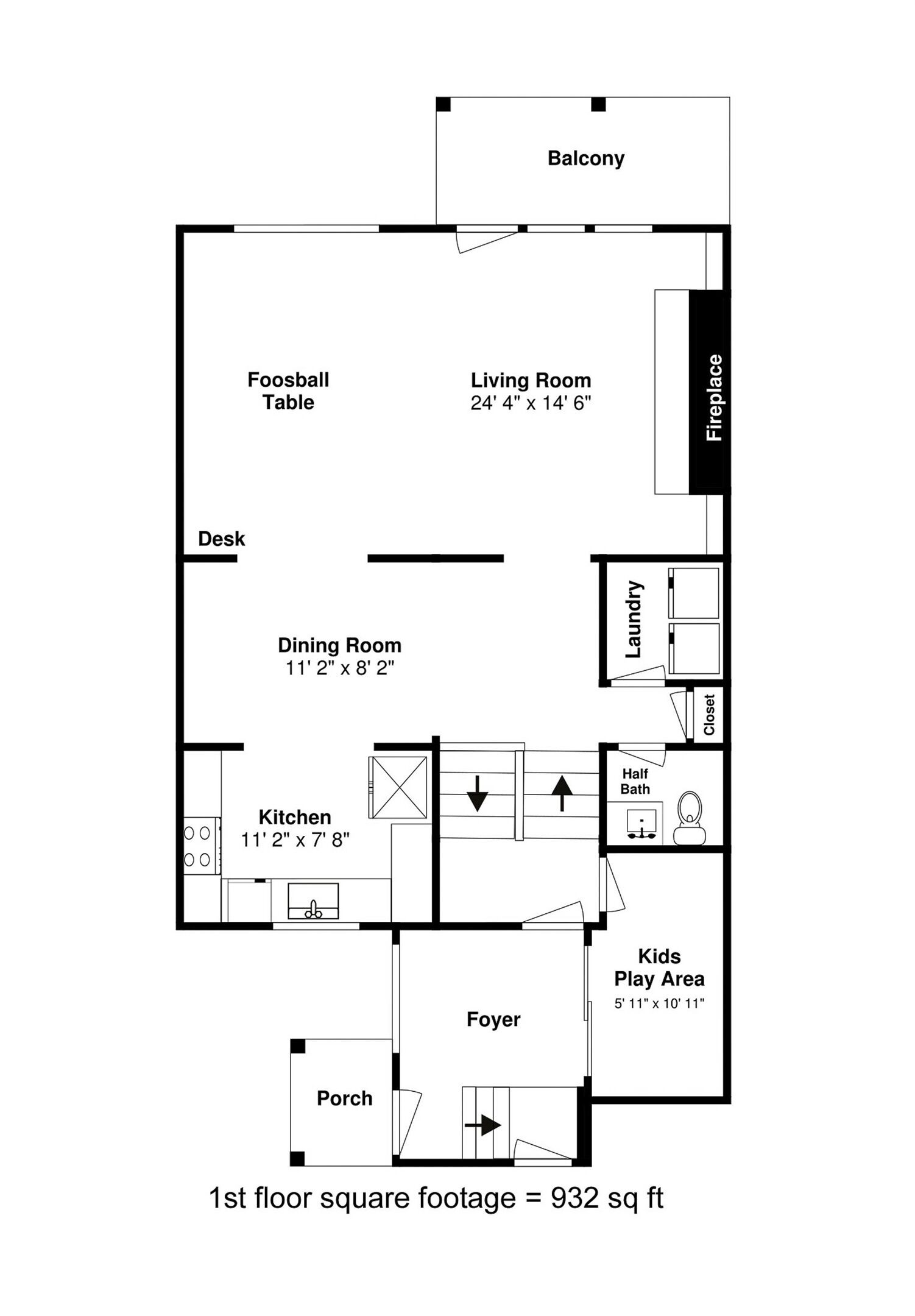 A 1st floor layout with a balcony, living room, dining room, kitchen, foyer, kids play area, porch, and a fireplace.