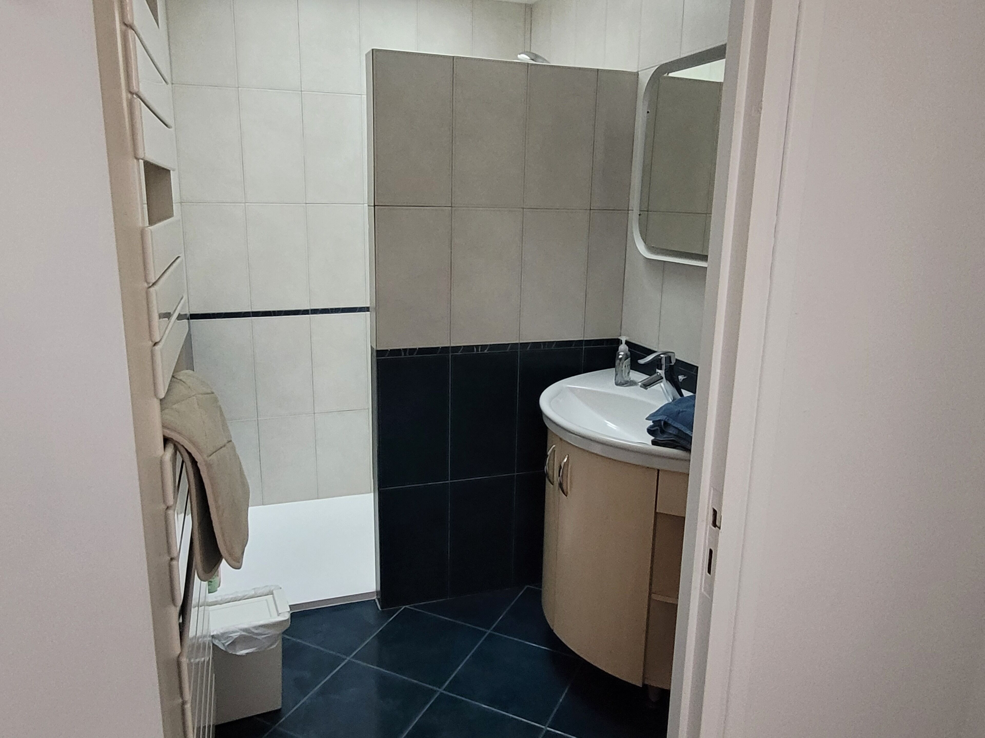 A small bathroom with a white sink, a mirror, and a shower area.