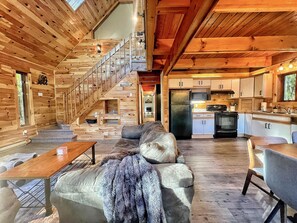 Smart TV, fireplace, foosball, books