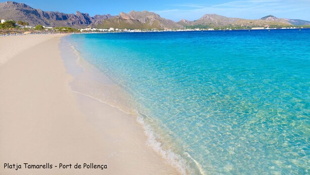 Ein Strand mit klarem türkisblauem Wasser und einem sandigen Ufer.