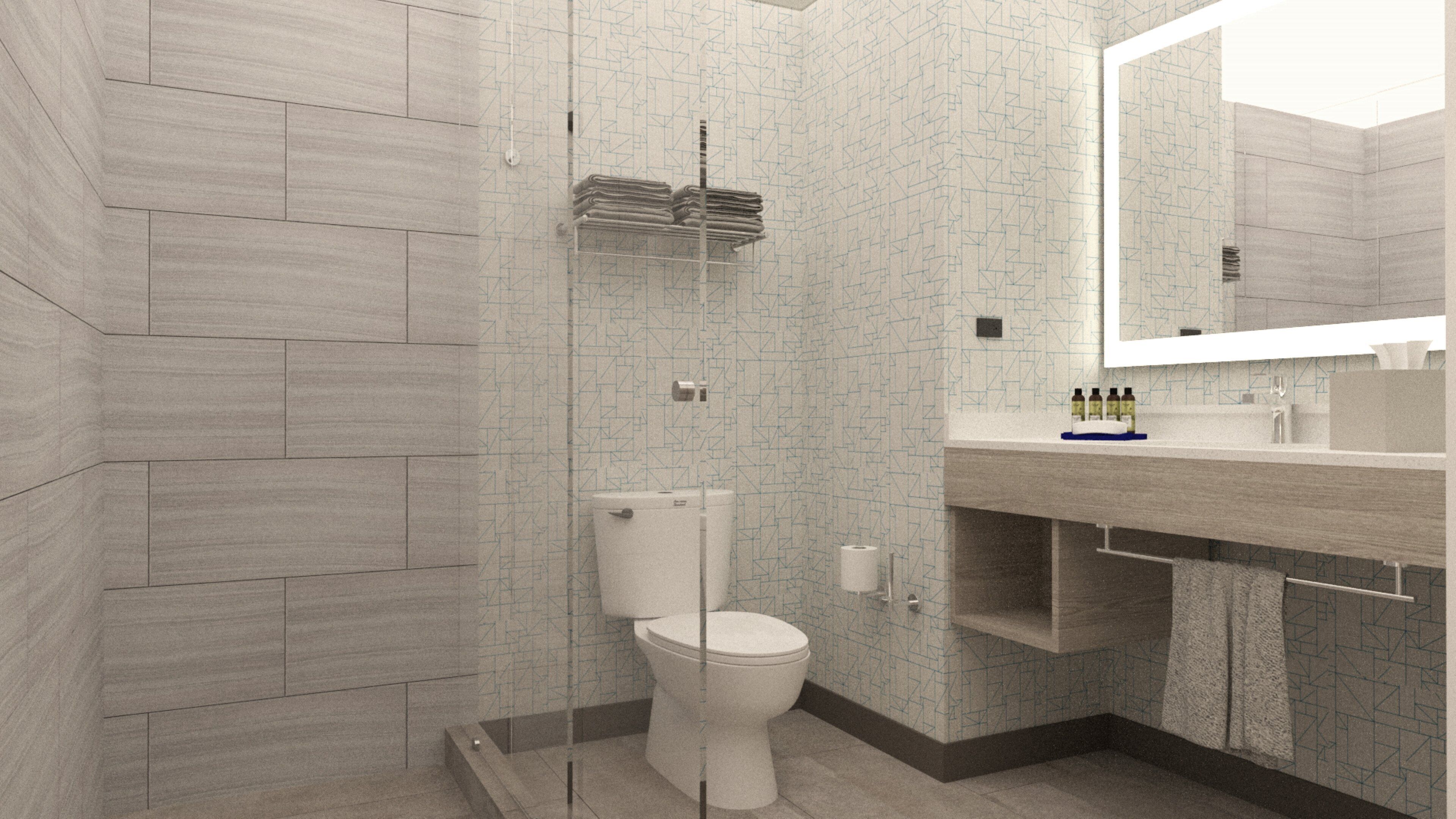 Un baño moderno con inodoro, lavamanos y espejo.