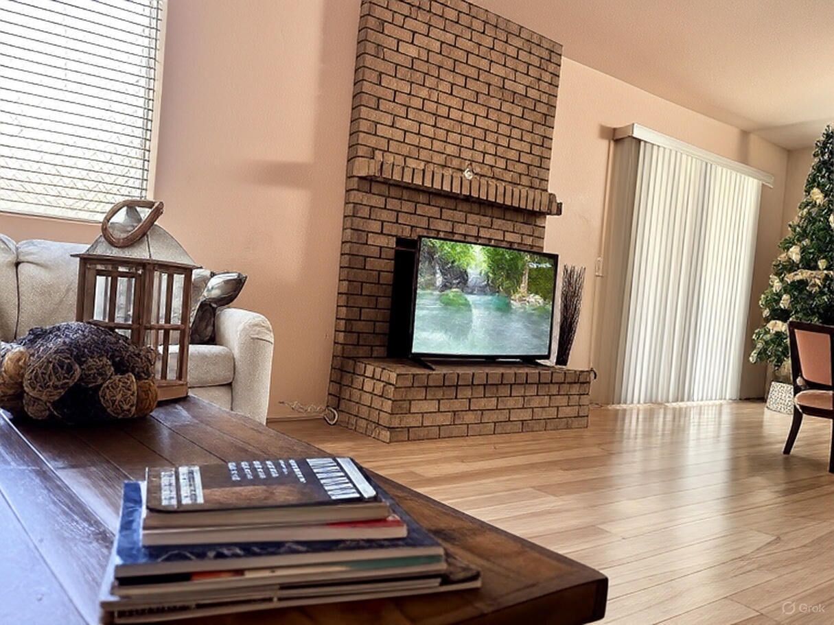 A living room with a brick fireplace, a television, a coffee table with books, and a Christmas tree.