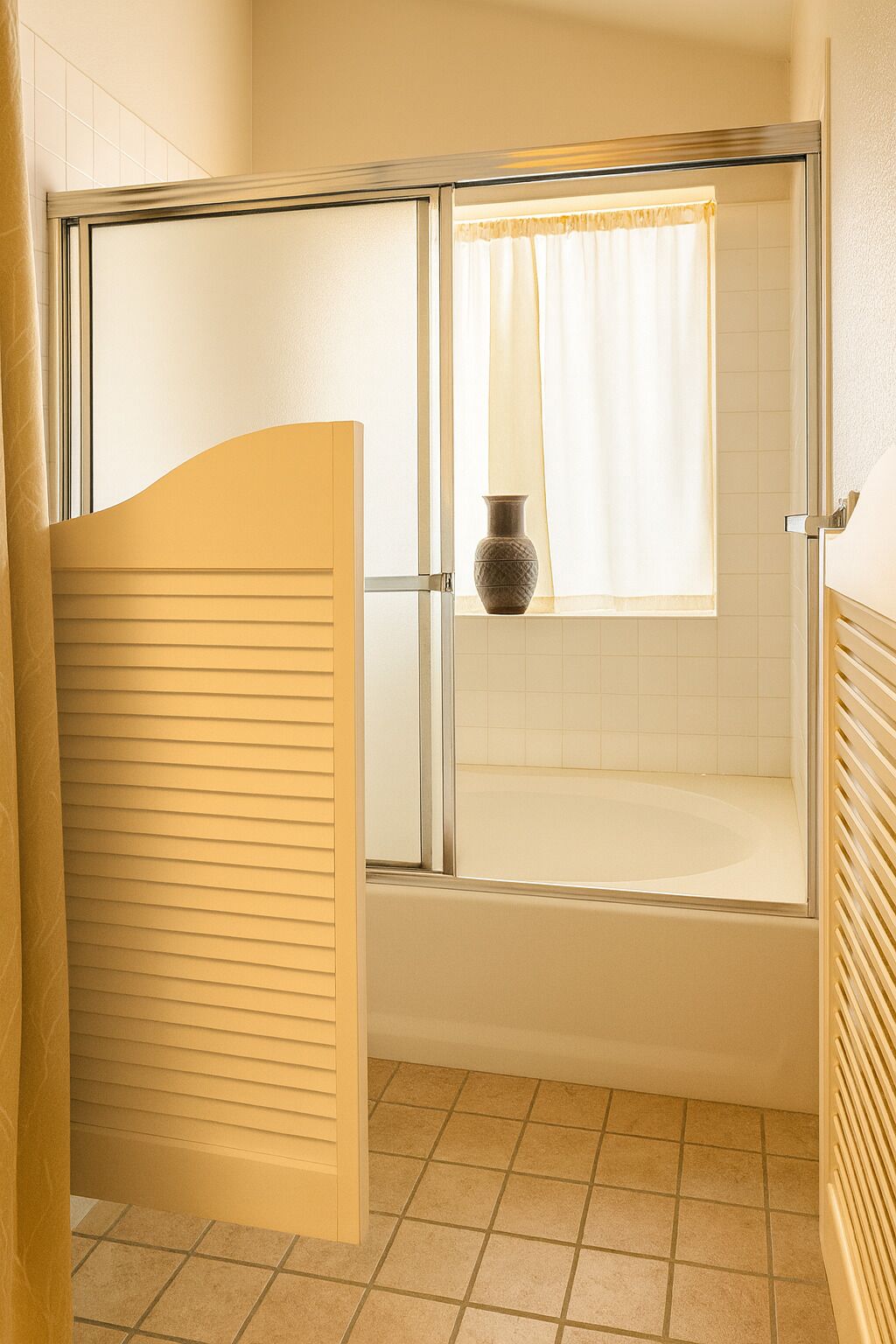 A bathroom with a glass shower enclosure, a bathtub, and a window with a curtain.