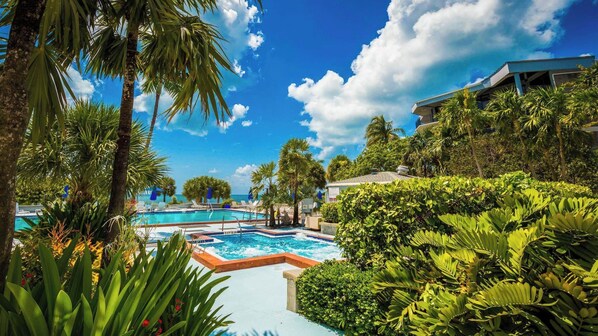 A pool surrounded by tropical vegetation and a clear blue sky.