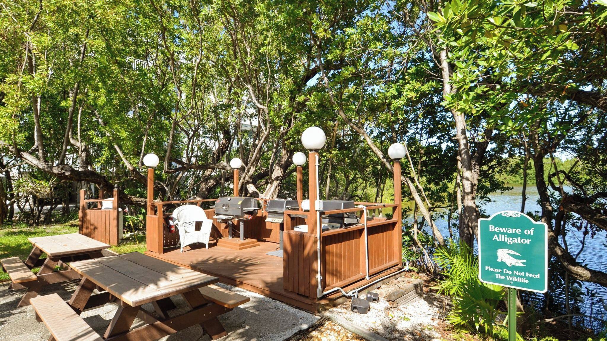 Una terraza de madera con mesas de picnic y parrillas, rodeada de árboles y un cuerpo de agua.