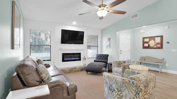 Smart TV, chimenea y libros