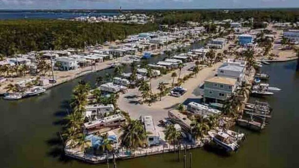 An aerial view of a marina with numerous boats docked, surrounded by a dense forest and a clear sky. - Beautiful home in Calusa, Key Largo (Key Largo)