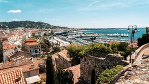 A coastal cityscape with historic buildings, a marina with numerous boats, and a clear blue sky.