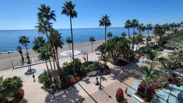 A beachfront hotel with palm trees, a sandy beach, and a clear view of the ocean. - 1 bedroom , city centre, front line beachsea views (Estepona)
