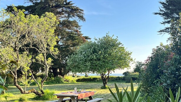 A picnic table set up in a grassy area with trees and a view of the sea. - La Paisible - 50m mer - Jardin (La Bernerie-en-Retz)