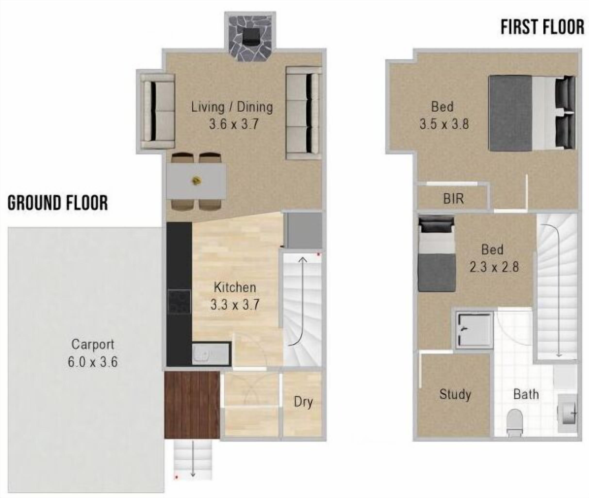 Un appartement à deux étages comprenant un abri pour voiture au rez-de-chaussée, une cuisine, un salon/salle à manger, un bureau, une salle de bain et deux chambres.